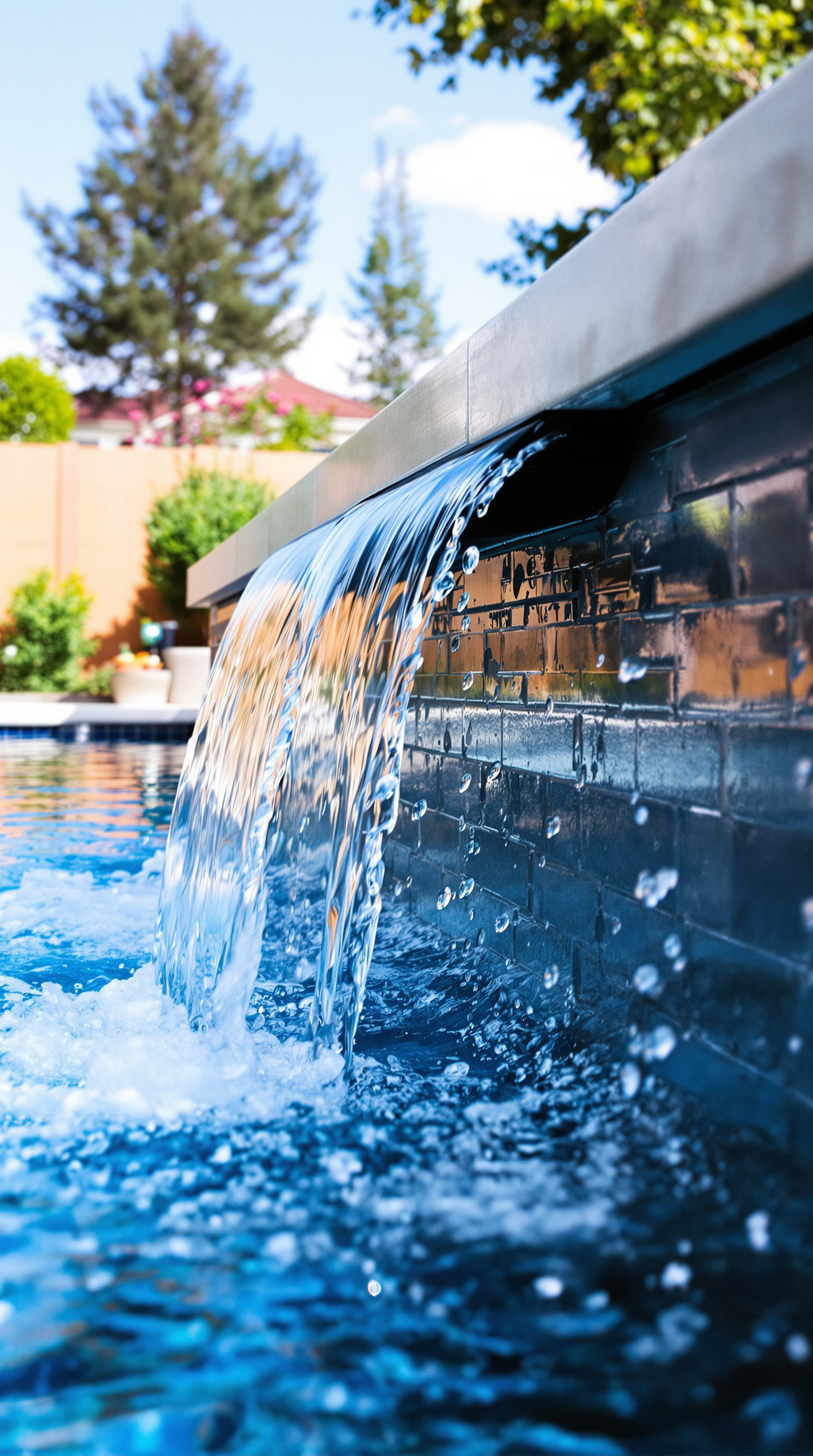 Close-up of clean sheer-descent water feature in Lutz