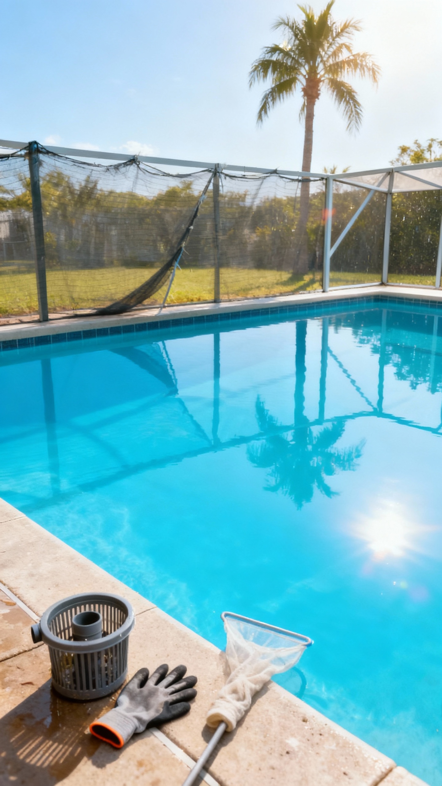 South Tampa pool after cleanup with net and skimmer basket on deck
