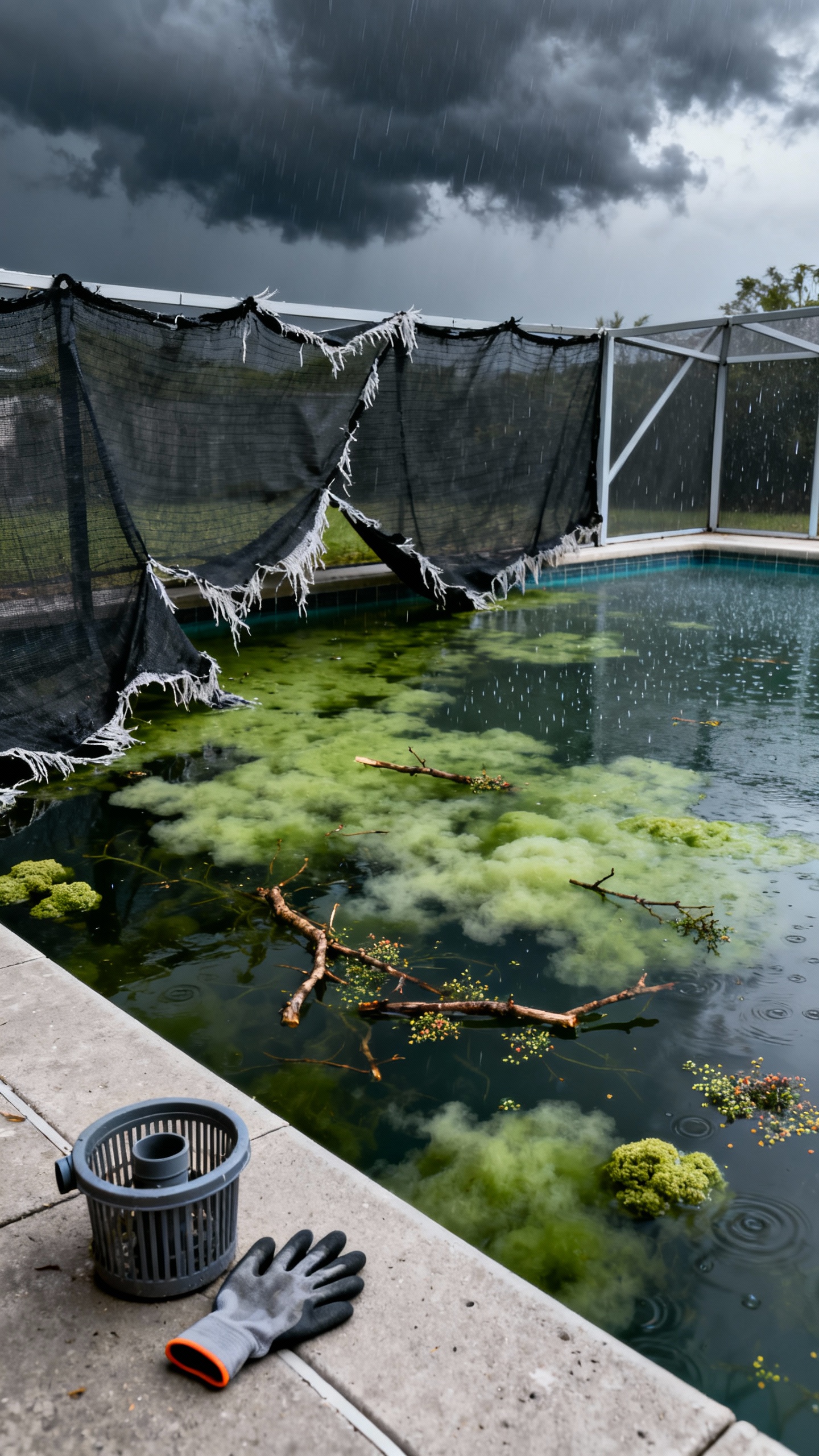 South Tampa pool before cleanup with storm damage and algae
