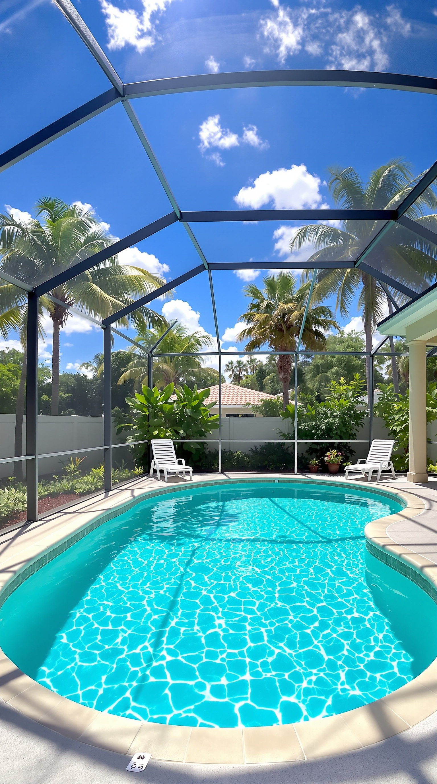 Westchase screened-lanai pool under midday sun with palms