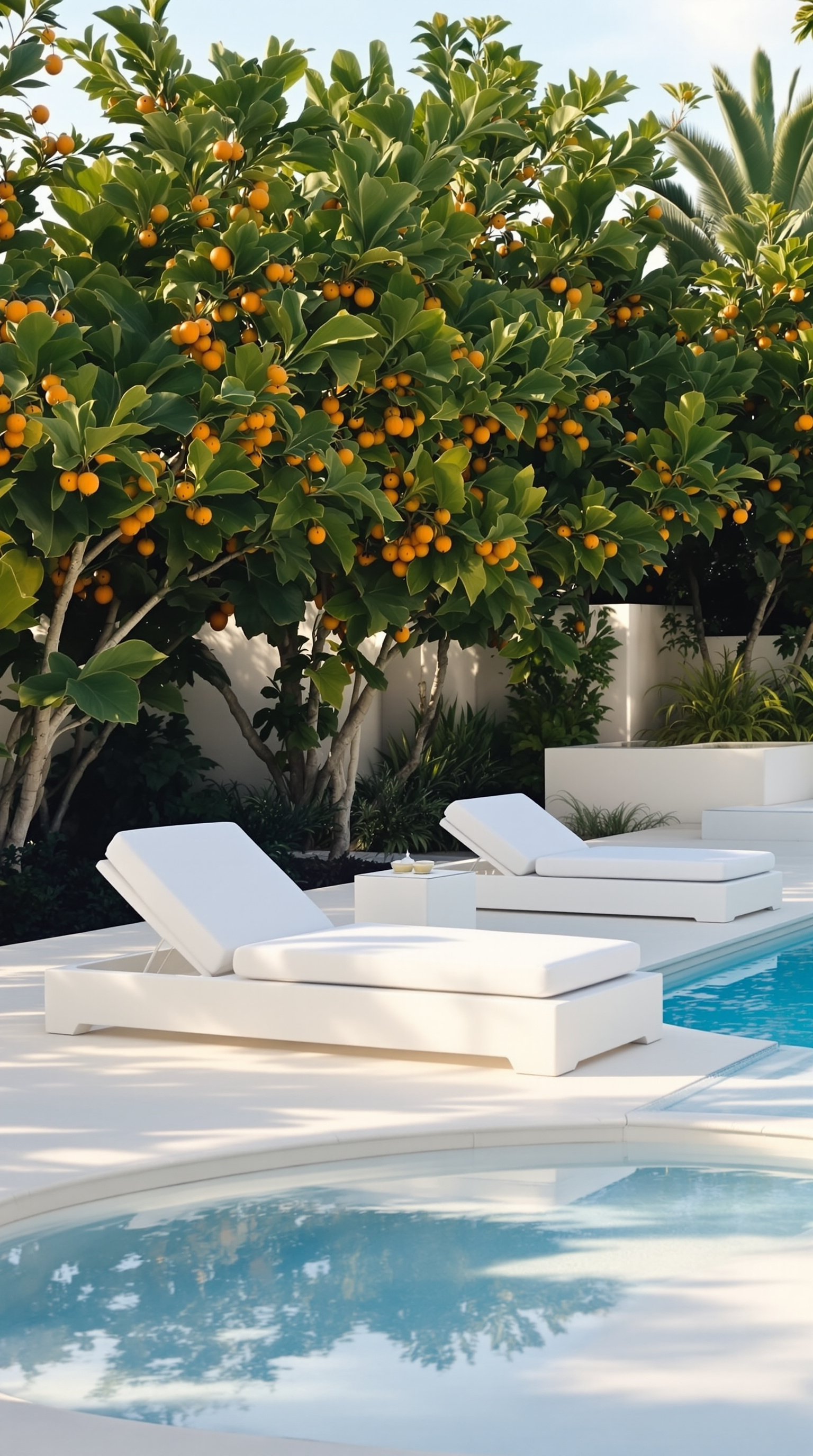 Davis Islands backyard pool with fruiting mango trees and white loungers